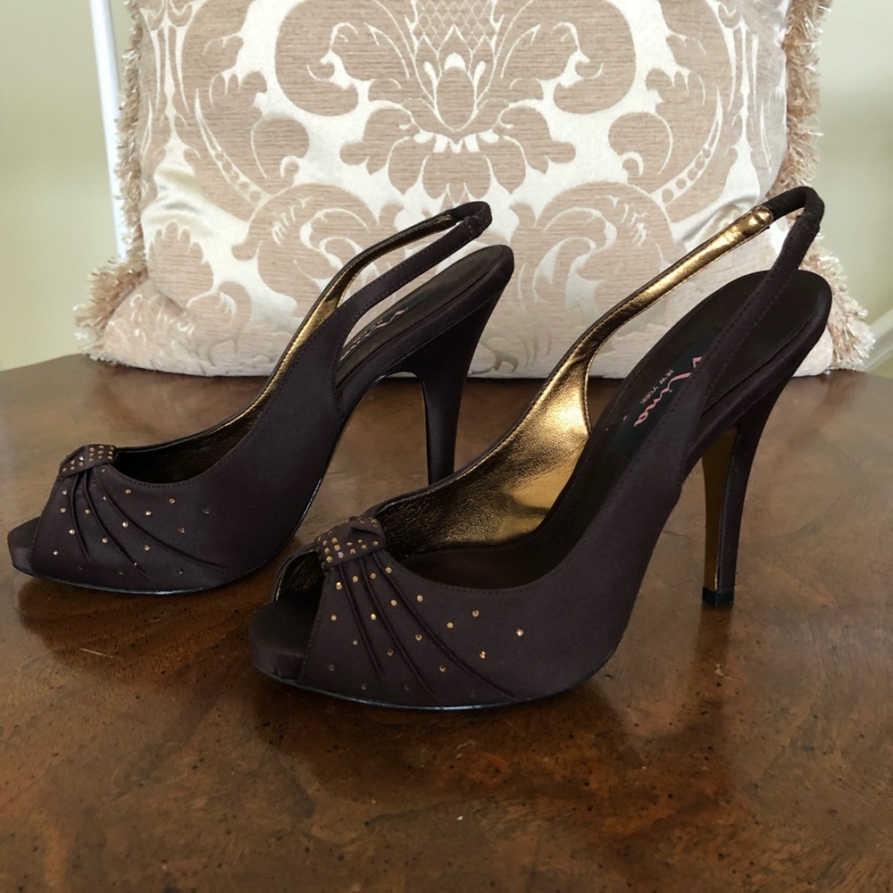 NINA Choc Brown platform satin peep toe sling back